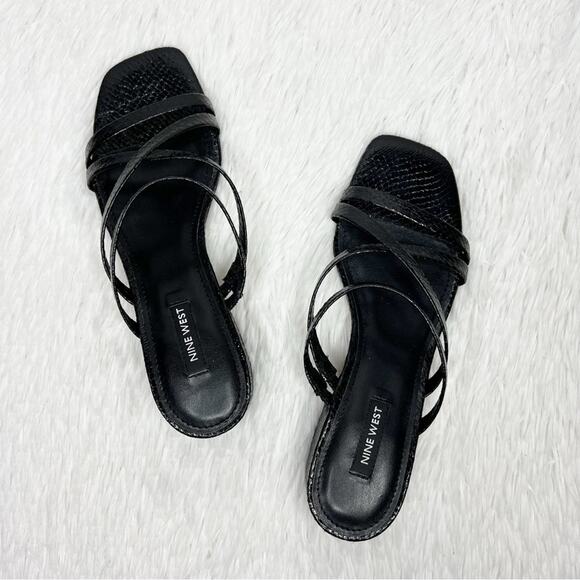 NINE WEST / Remy black faux leather croc embossed strappy block heel sandal /7.5 - Picture 2 of 11